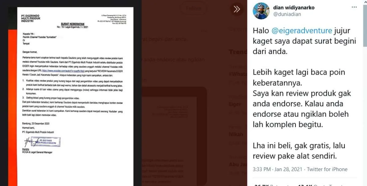 Viral keberatan Eiger dengan Youtuber, CEO Eigorindo akui bersalah