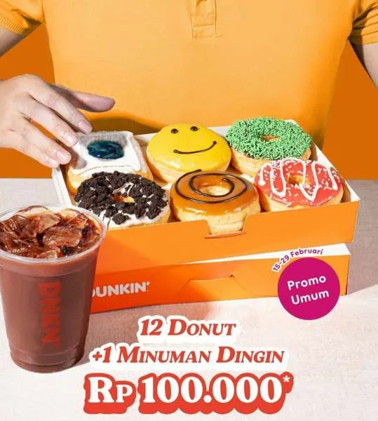 Promo Dunkin 12 donat 1 minuman dingin Februari 2024