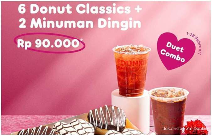 Promo Dunkin Spesial Valentine, 6 Donut Classics + 2 Minuman Dingin Hanya Rp 90.000