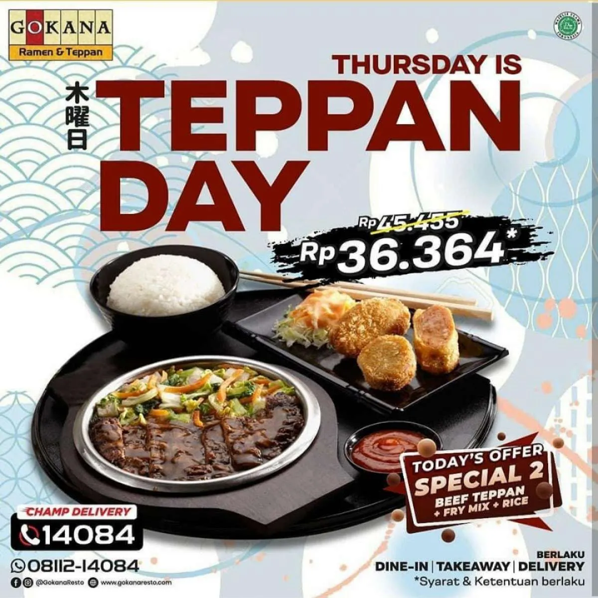 Promo Gokana Thursday is Teppan Day, Beef Teppan + Nasi Rp 36.364