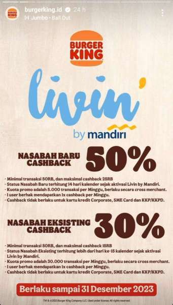 Promo Burger King Bersama Livin by Mandiri Cashback 50%