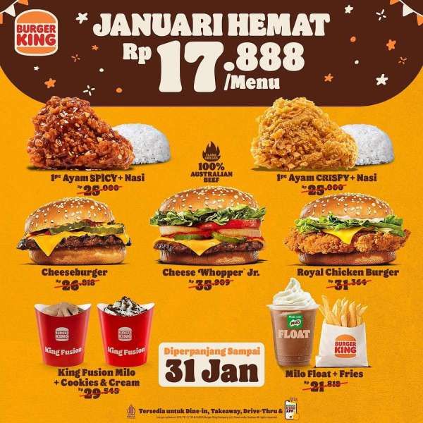 Promo Burger King 7 Menu Serba Rp 17.000an Berakhir 31 Januari 2024
