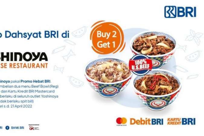 Promo BRI di Yoshinoya 2022, Beli 2 Gratis 1 Menu Reguler Bowl