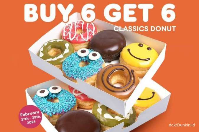 Promo Dunkin untuk Umum Buy 6 Get 6 Free Donat di 4 Gerai Edisi 27-29 Februari 2024