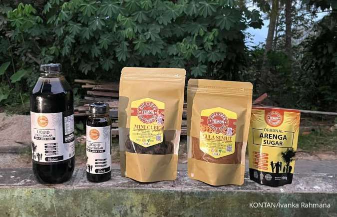 Kemasan gula aren cair, gula aren semut, dan gula aren mini cube produksi Gula Aren Temon.