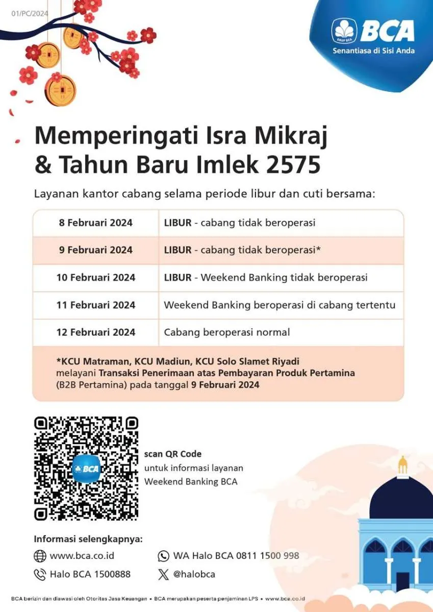 Jadwal Operasional BCA Selama Periode Libur Isra Mikraj dan Imlek 2024