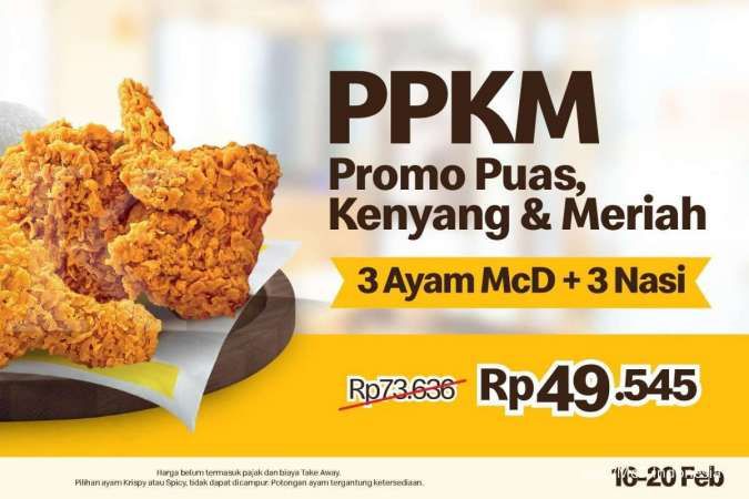 Promo PPKM McD 16-20 Februari 2022, Diskon Paket 3 Ayam dan 3 Nasi Rp 49.545
