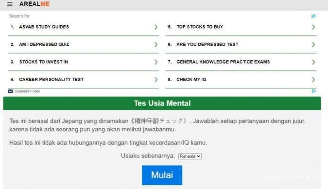 Link Mental Age Test Bahasa Indonesia di arealme.com dan Cara Mainnya