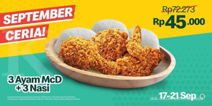 Promo McDonalds 17-21 September 2021, September Ceria Beli 3 Ayam + 3 Nasi Rp 45.000