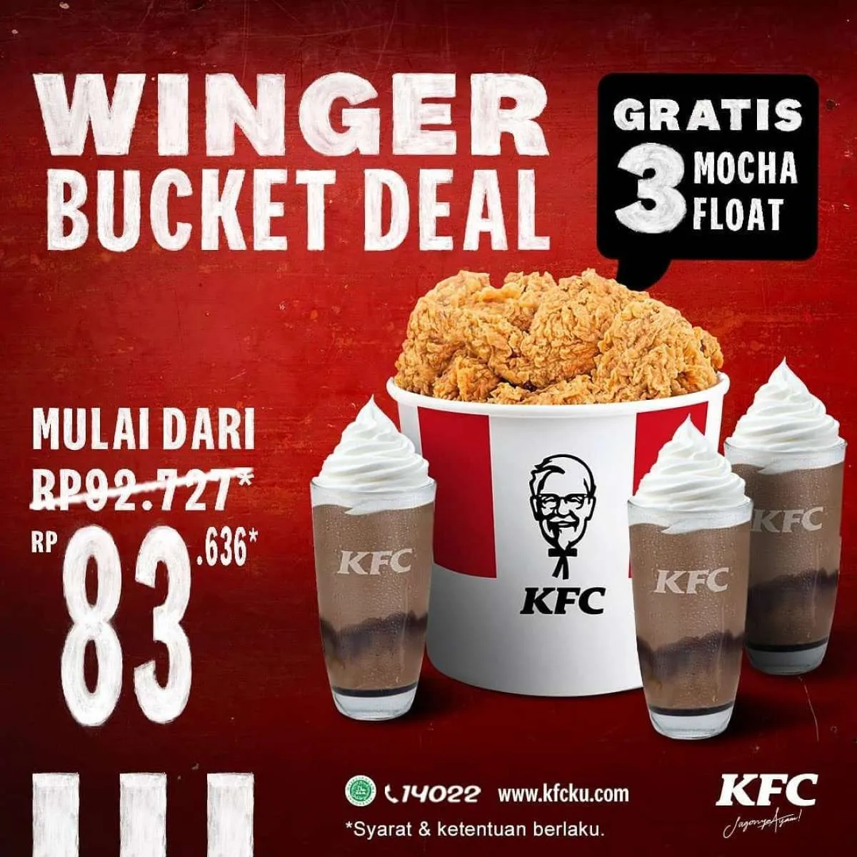 Winger bucket dan 3 mocha float hanya Rp 83.636, promo KFC hari ini 26 Februari 2021
