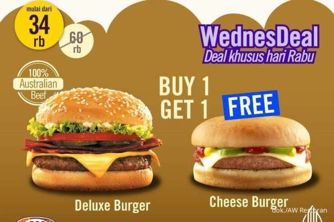 Promo AW Restoran Mei 2023, Khusus Rabu Ada Paket WednesDeal Beli 1 Gratis 1 Burger