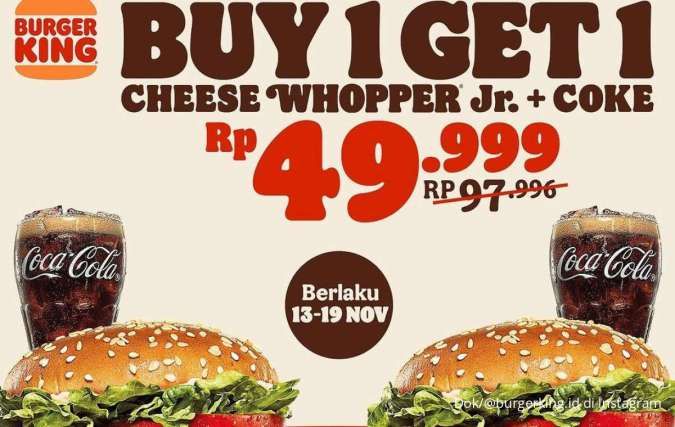 Promo Burger King Buy 1 Get 1 Cheese Whopper Jr dan Coca-Cola, Segera Berakhir Besok