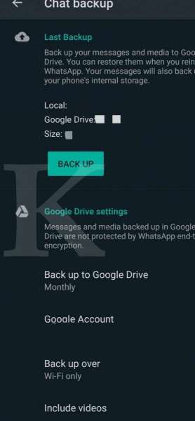 Penampakan menu backup pesan Whatsapp ke Google Drive