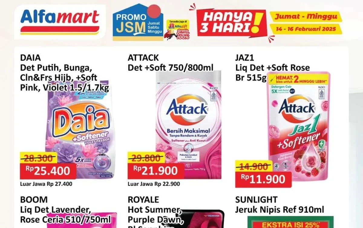 Promo Deterjen & Sabun Mandi Wekeend 16 Februari 2025, Potongan Harga Daia dan Attack