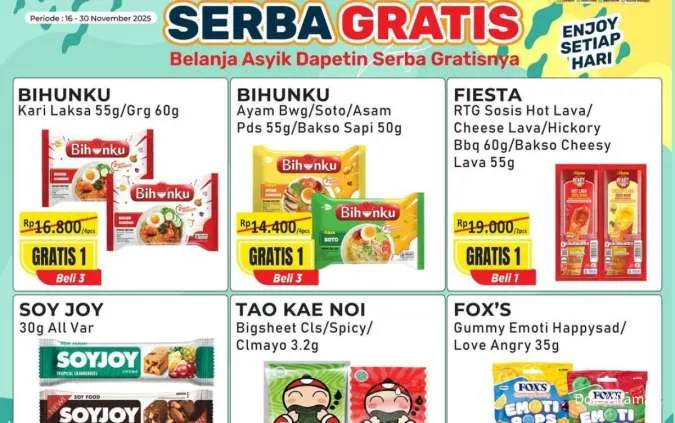 Promo Alfamart Serba Gratis 16-30 November 2025, Beli 1 Gratis 1 dan Beli 2 Gratis 1