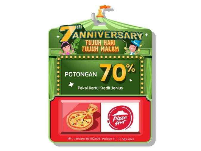 Promo HUT ke-7 Jenius Edisi 11-17 Agustus 2023, Pesan Pizza Hut Dapat Diskon 70%