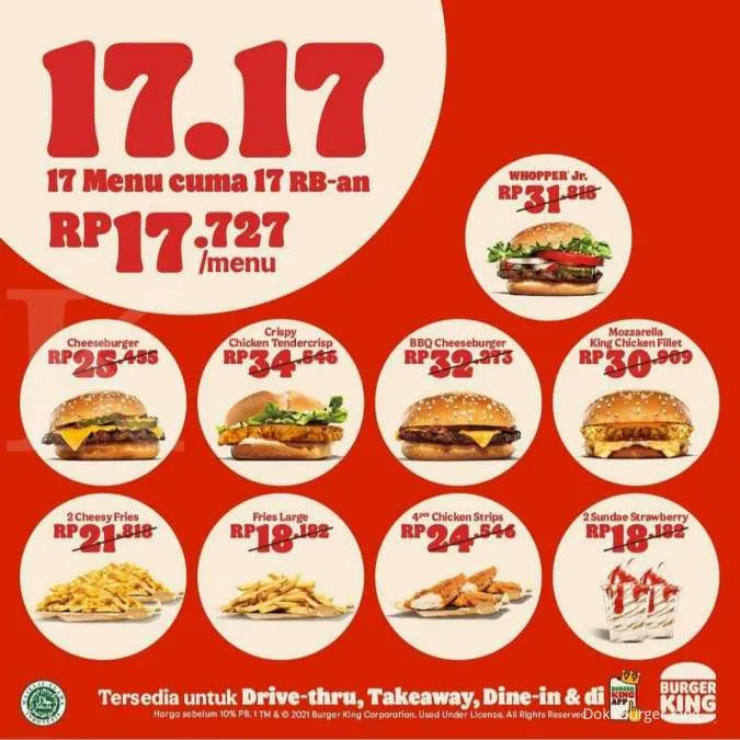 Promo Burger King Agustus 2021, 17.17 Menu Kemerdekaan ada 17 Menu hanya Rp 17.727