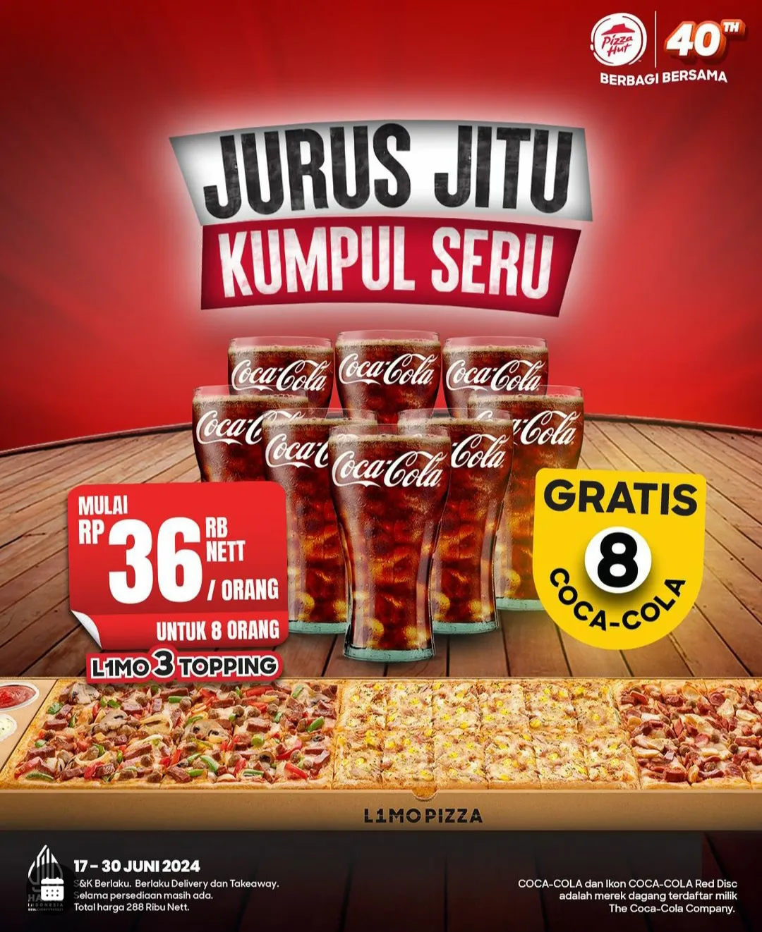 Promo Pizza Hut Juni 2024, Limo Pizza isi 3 Topping GRATIS 8 Coca Cola