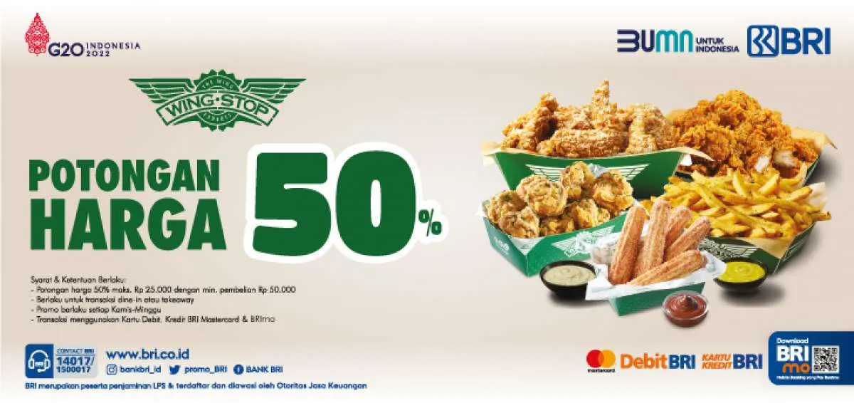 Promo Wingstop di BRI 1-25 September 2022, Diskon 50% Semua Menu via Kartu BRI