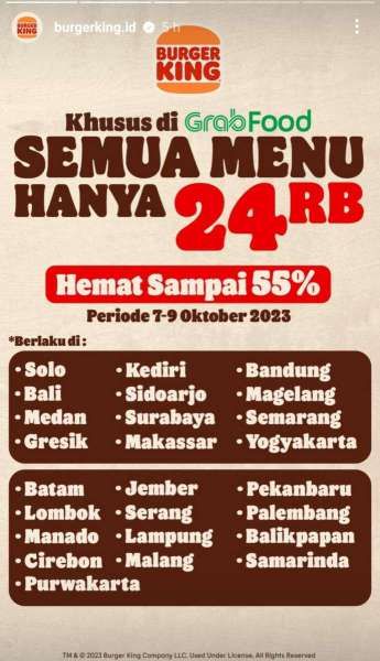 Promo Burger King 9 Oktober 2023 Spesial Grabfood