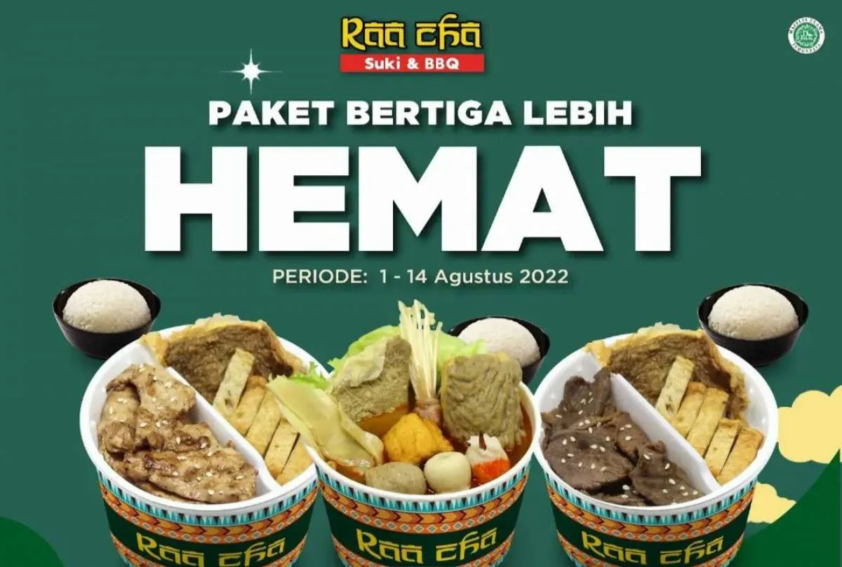 Promo Raa Cha Resto 1-14 Agustus 2022, Paket Hemat 3 Porsi Suki dan BBQ Diskon 30%