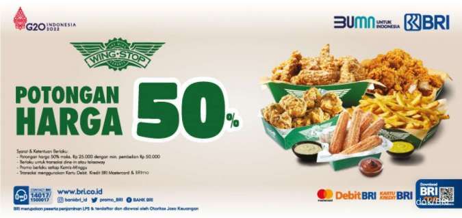 Promo Wingstop di BRI 1-25 September 2022, Diskon 50% Semua Menu via Kartu BRI