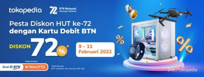 Promo HUT Ke-72 BTN di Tokopedia, Top-Up Pulsa dan Bayar Tagihan Diskon 72%!
