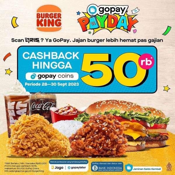 Promo Burger King Terbaru 28-30 September 2023, Cashback 50% Gopay Payday