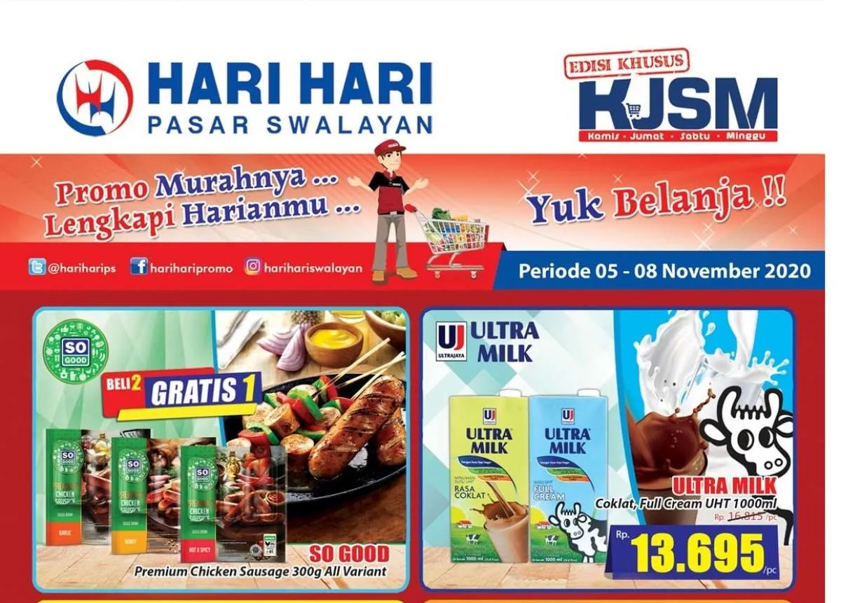 Belanja hemat dengan brosur promo KJSM Hari Hari 8 November, ada gratis 1, diskon 50%