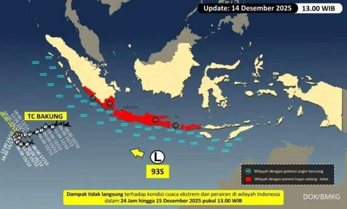 Dampak Bibit Siklon Tropis 93S Meluas, Cuaca Hujan Lebat di Jawa Bali Nusa Tenggara 