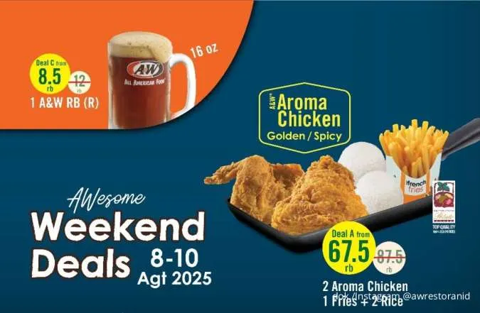 Promo A&W Weekend Deals 8-10 Agustus, Nikmati Paket Ayam Hemat dan Burger Gratis