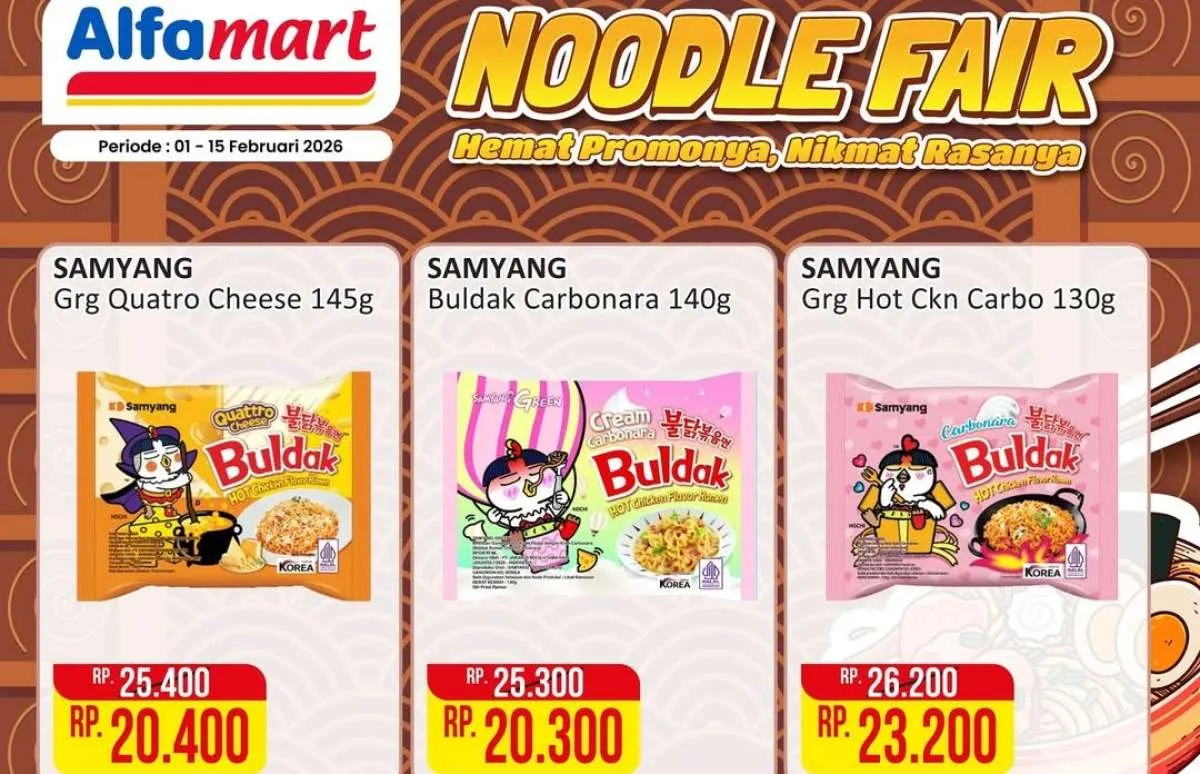Promo Alfamart Noodle Fair 1-15 Februari 2026, Mie Korea Diskon dan Beli 1 Gratis 1