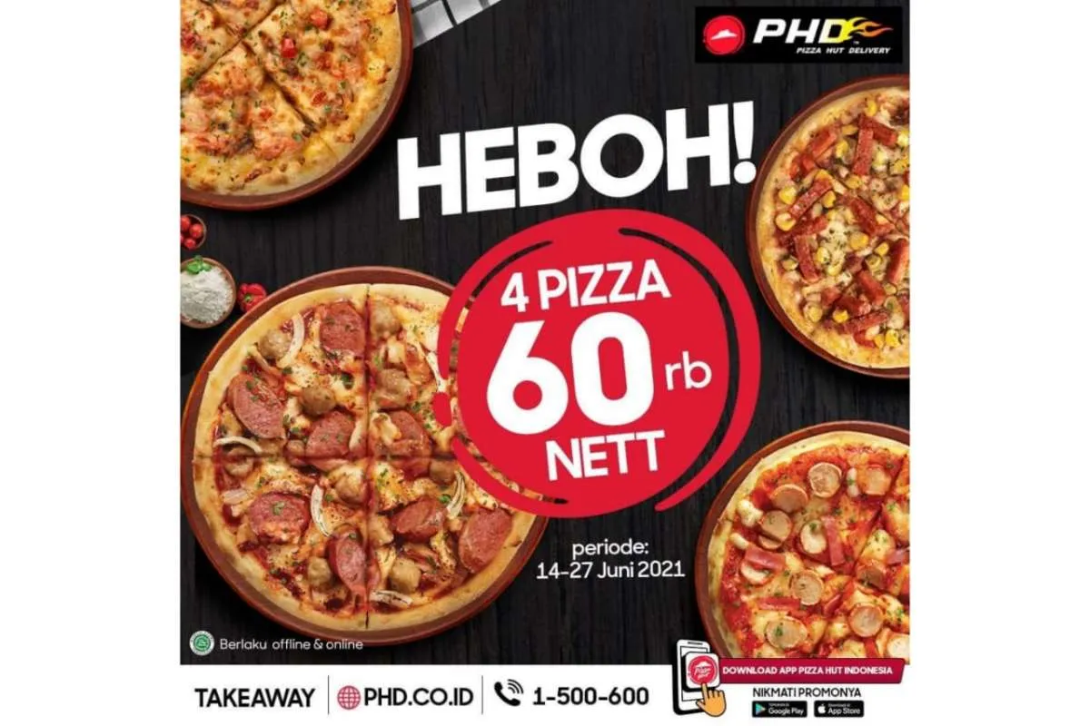 Promo Pizza Hut Delivery 23 Juni 2021, 4 Pizza Heboh hanya Rp 60.000 