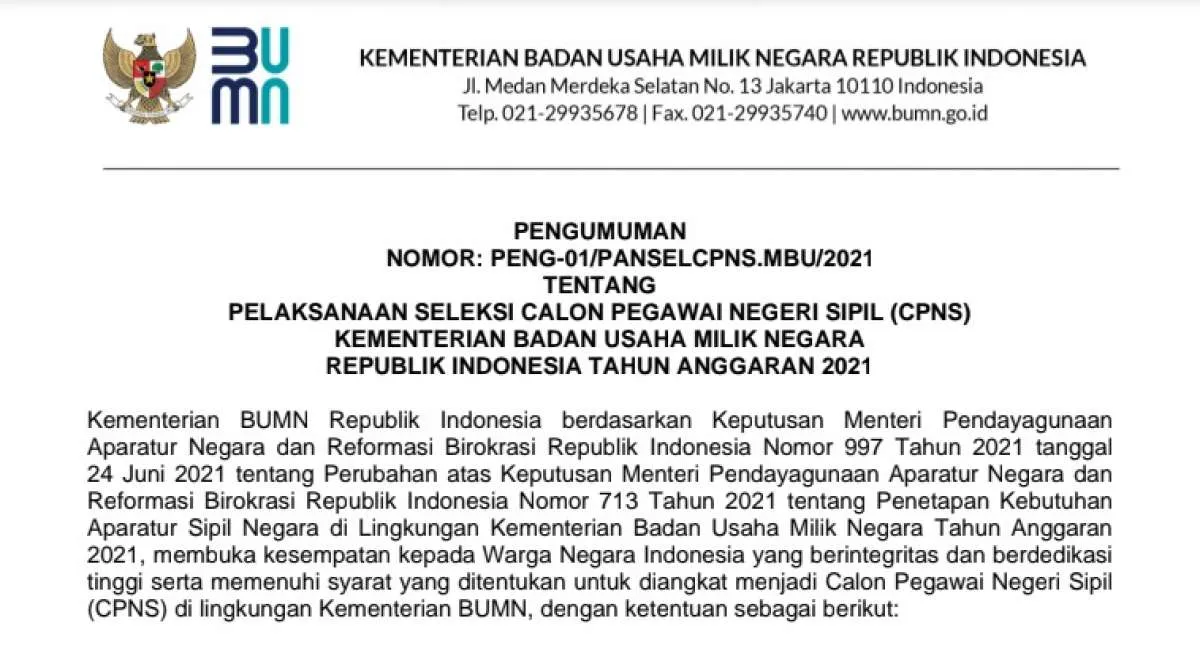 Kementerian BUMN buka pendaftaran CPNS 2021, cek formasi yang dibutuhkan