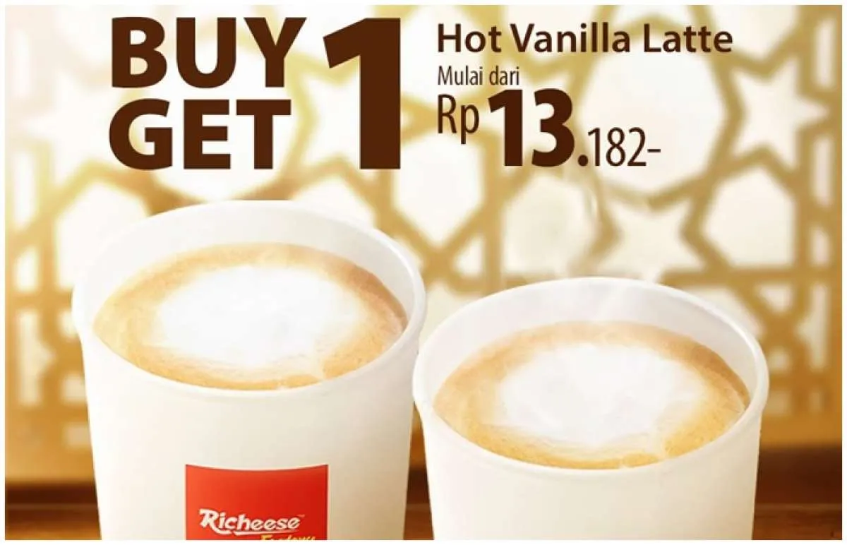 Promo Richeese Factory Buy 1 Get 1 Hot Vanilla Latte, Khusus di Jam 5 Pagi-5 Sore