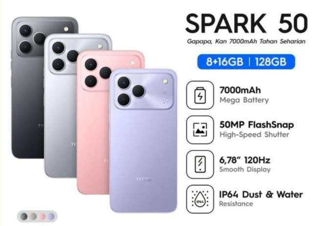 Tecno Spark 50 Indonesia: Baterai 7.000 mAh, Layar 120Hz, Harga Rp2 Jutaan