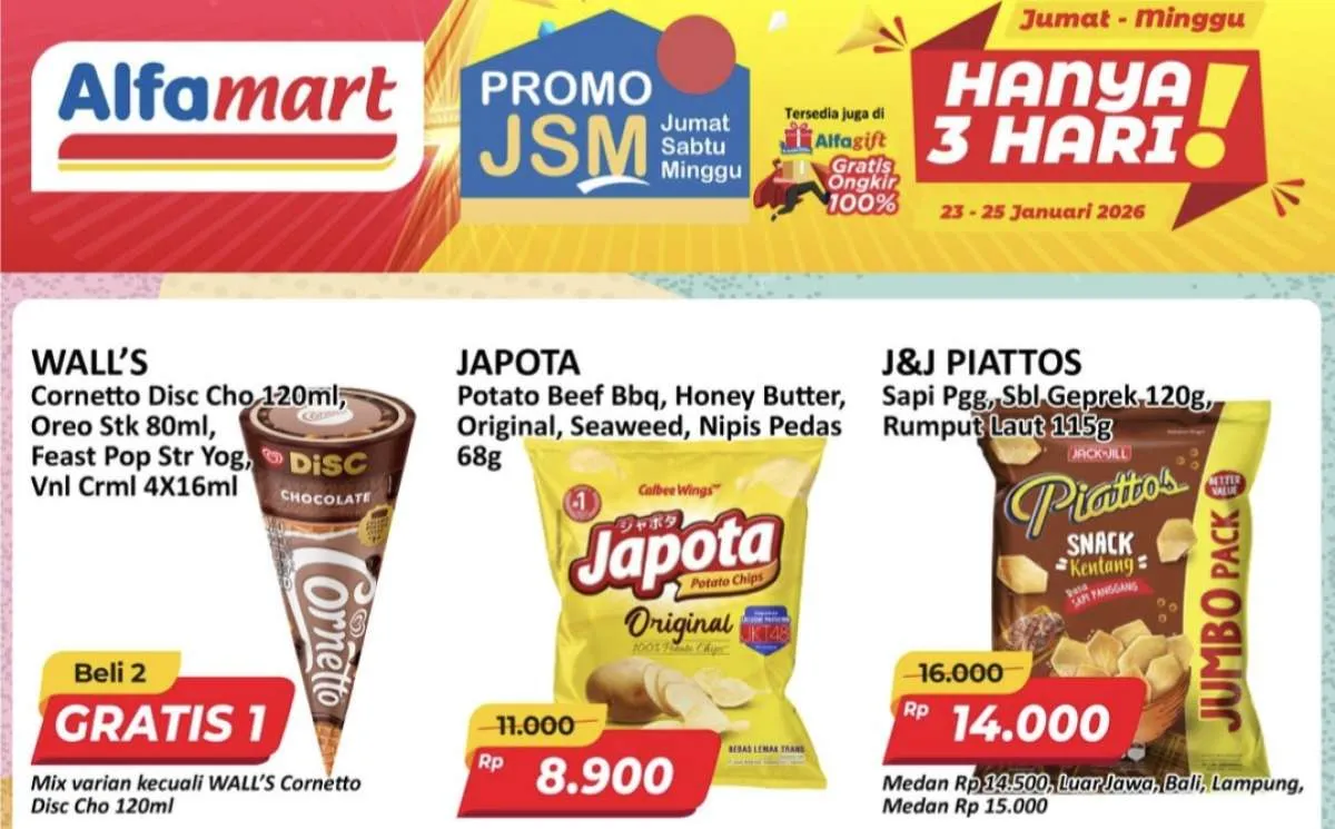 Katalog Promo JSM Alfamart Periode 23-25 Januari 2026, Cornetto Beli 2 Gratis 1!