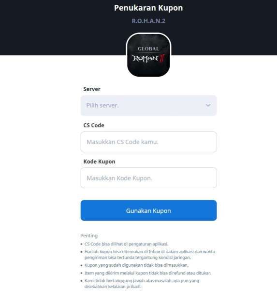 Situs penukaran kode redeem Rohan 2