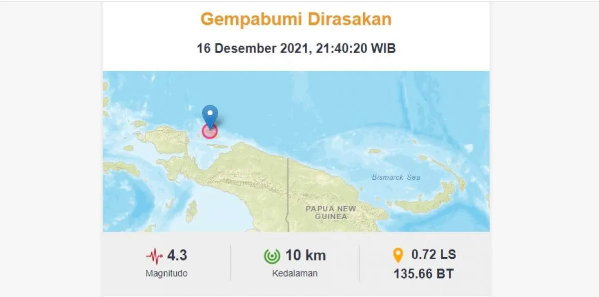 BMKG mencatat gempa magnitudo 4,3 di Supiori, Papua