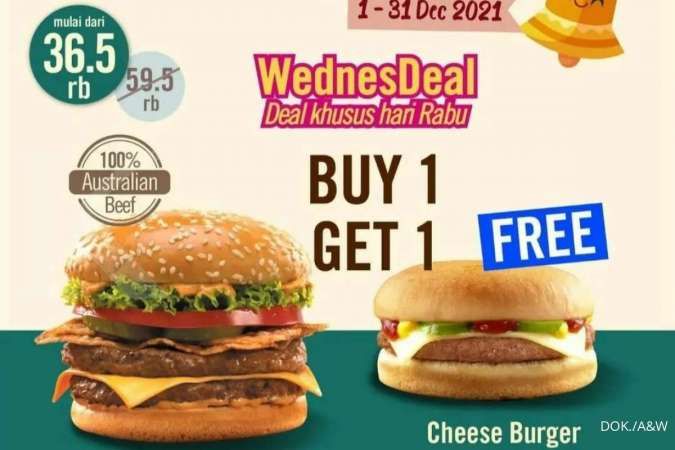 Promo A&W Desember 2021, Khusus Rabu WednesDeal Beli 1 Gratis 1 Burger Rp 36.500