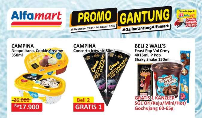 Promo Alfamart Gantung Akhir Desember 2024, Es Krim Campina & Walls Beli 2 Gratis 1