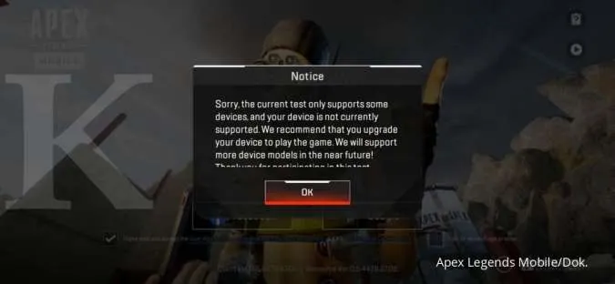Pesan Apex Legends Mobile tidak bisa dimainkan di perangkat Android yang tidka didukung