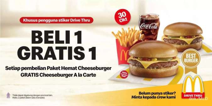 Promo McD 30 Oktober 2023, Buy 1 Get 1 Free Cheeseburger, Kentang, dan Cola