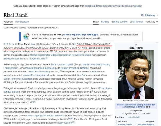 Ujaran kebencian di profil Wikipedia Rizal Ramli