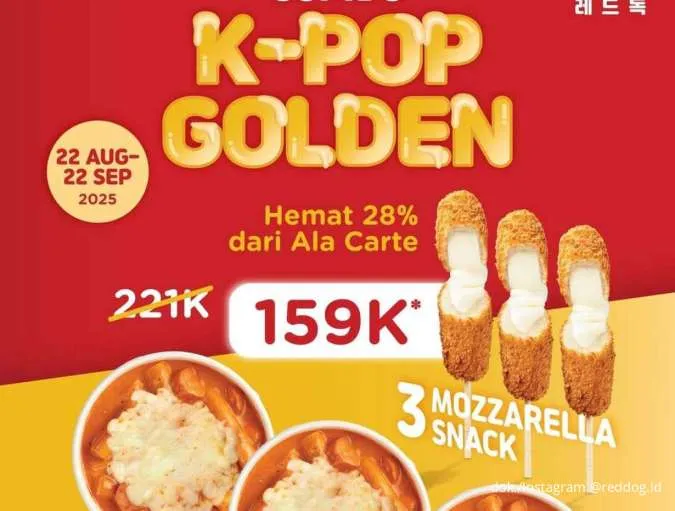 Promo Reddog Combo K-Pop Golden, Paket 3 Topokki dan 3 Mozarella Snack Hemat 28%