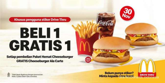Cuma 1 Hari! Promo McD 30 November 2022, Beli 1 Gratis 1 Cheeseburger via Drive Thru