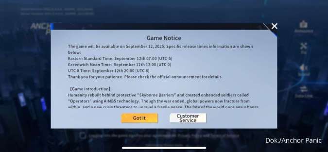 Notifikasi pembukaan server game Anchor Panic 