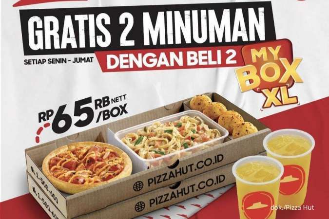 Promo Pizza Hut 1-31 Agustus 2022, Gratis 2 Minuman Tiap Beli 2 My Box XL