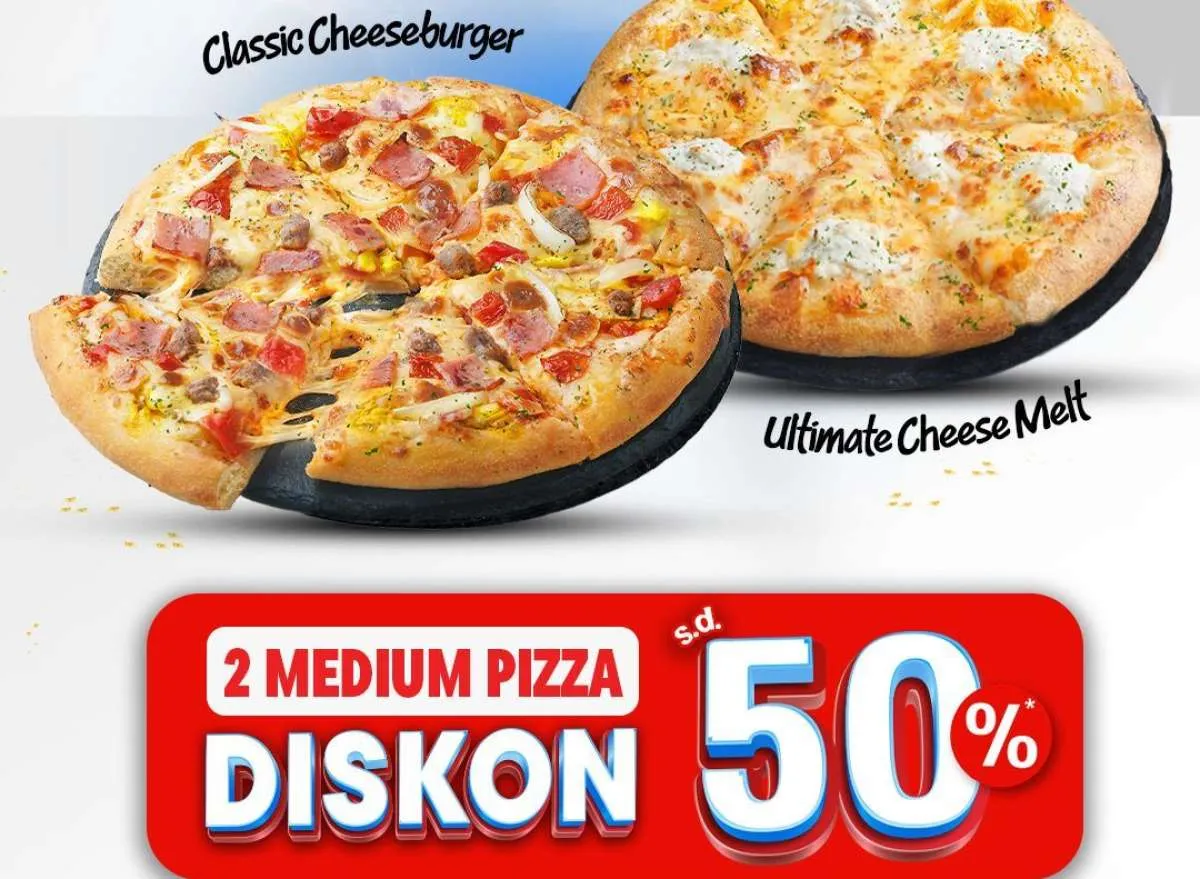 Promo Domino's Pizza Periode Juli 2025, 2 Medium Pizza Diskon 50% Bebas Pilih Topping