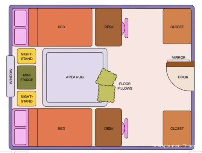 Layout kamar tidur dengan dua kasur